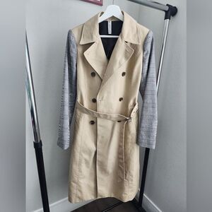 Mural Tan and Gray Plaid Women's Trench Coat